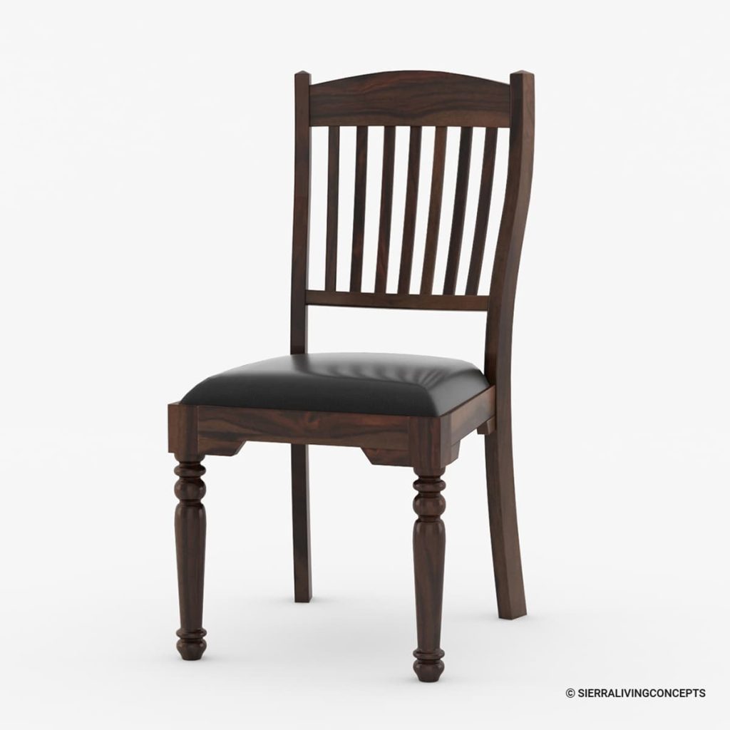 Dark wood slat-back dining chair with a black leather seat.