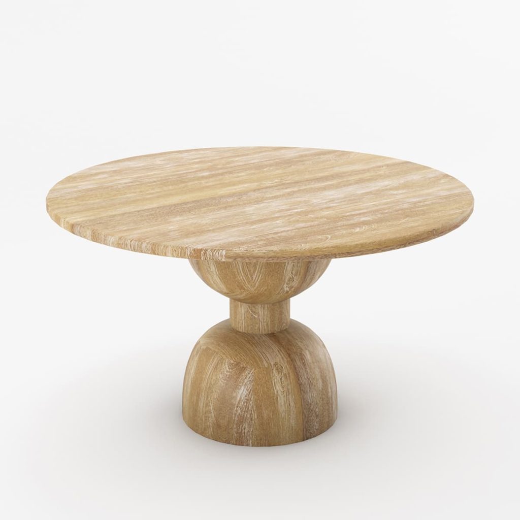 Round wood dining table with a sculptural hourglass pedestal base.