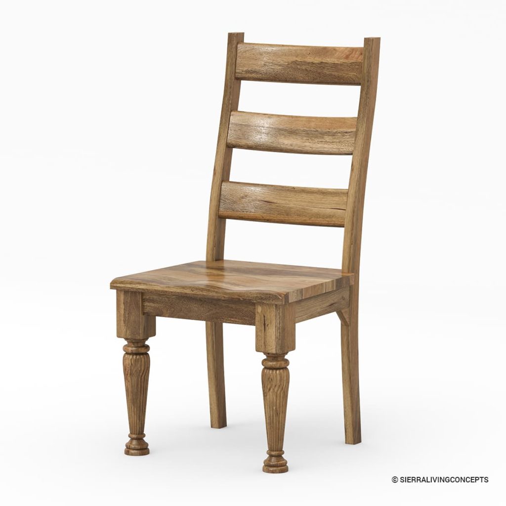 Rustic wood ladder-back dining chair with turned legs.