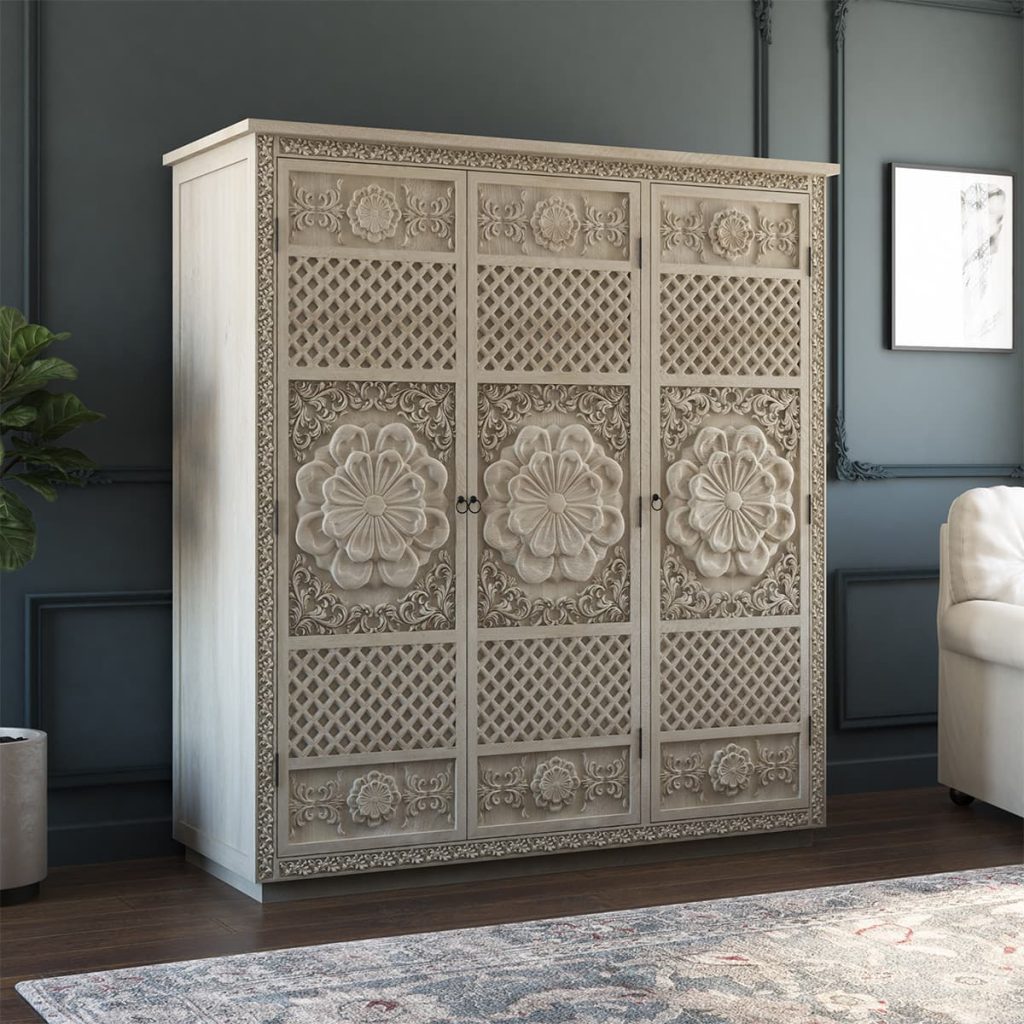 Nuala Hand Carved Solid Wood Large Ivory White Wardrobe Armoire