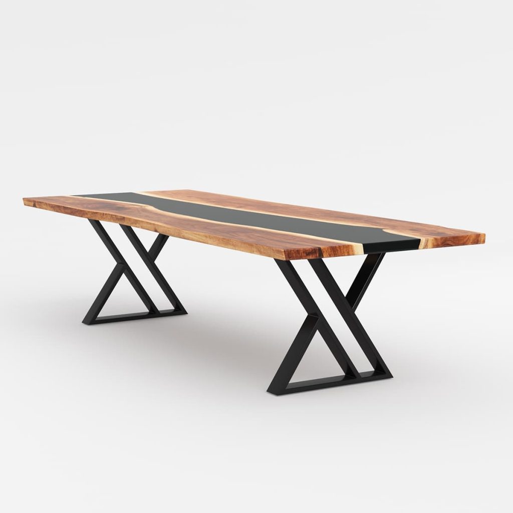 Live-edge wood dining table with a black epoxy inlay and X-shaped metal legs.