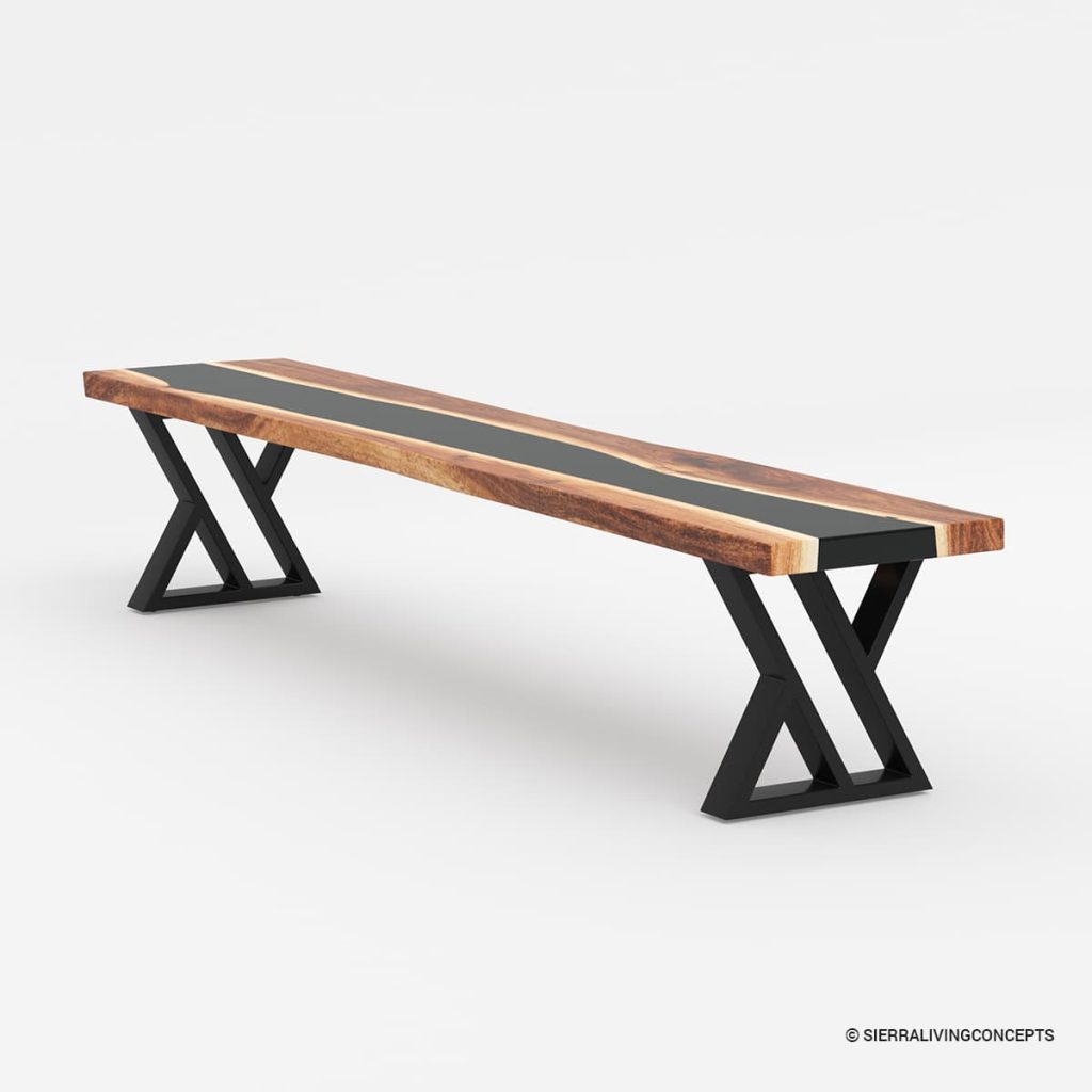 Live-edge wood dining bench with a black epoxy inlay and X-shaped metal legs.