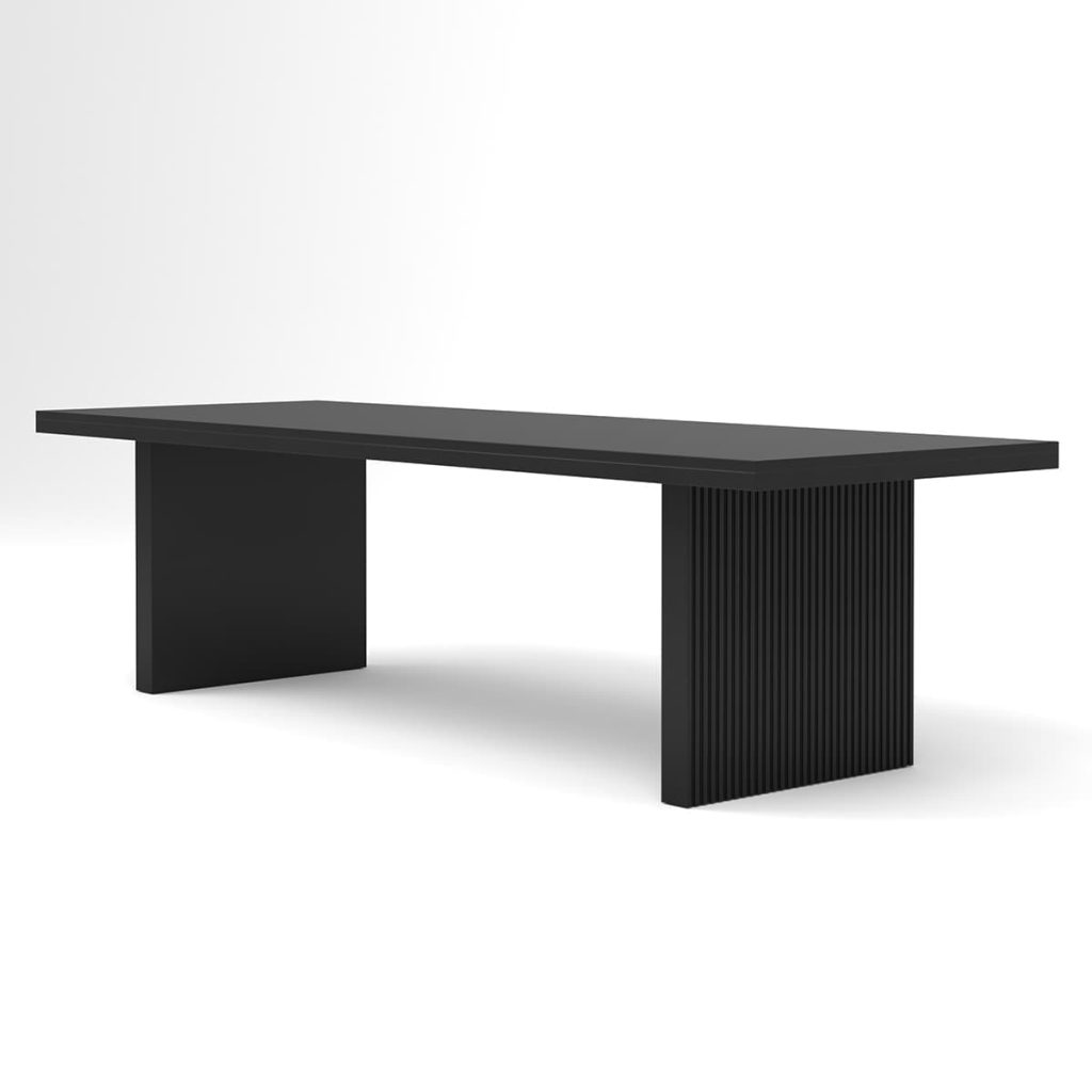 Black fluted-leg dining table with a rectangular top.
