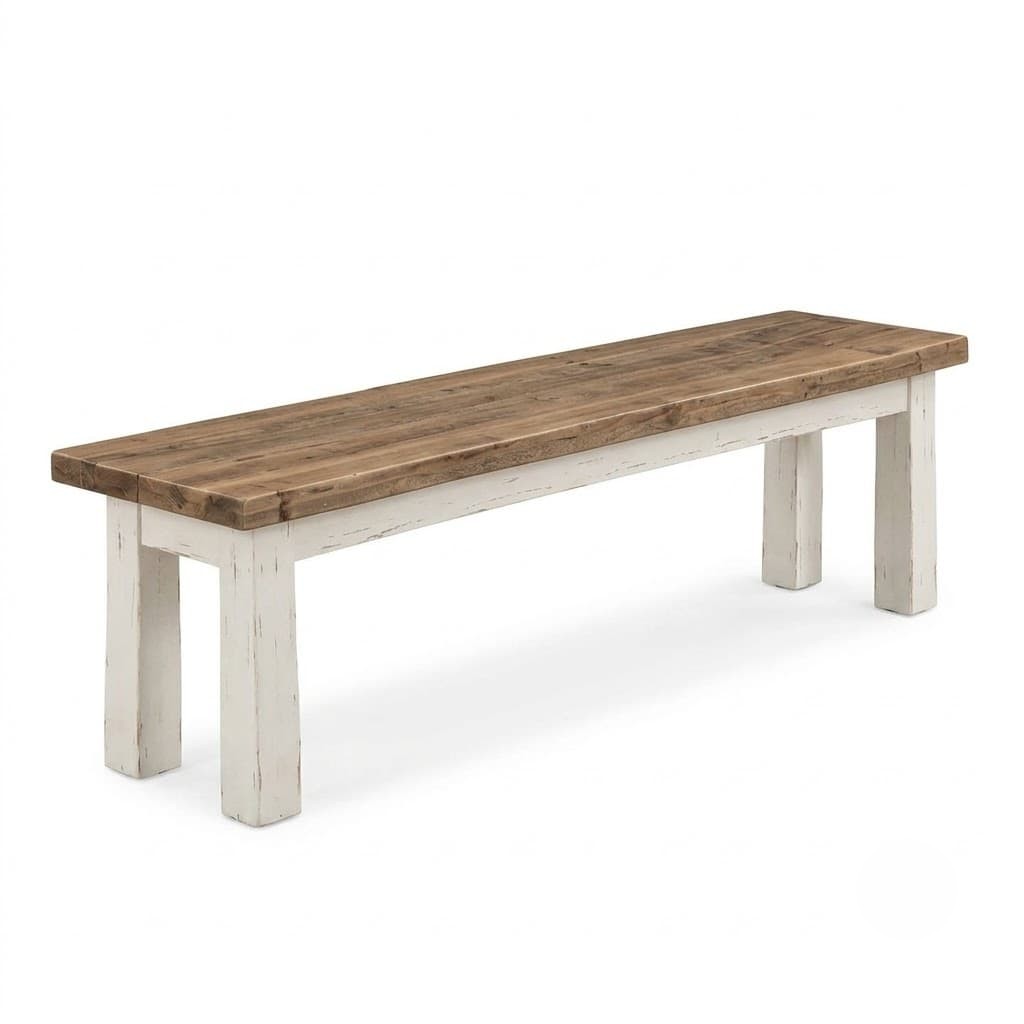 Farmhouse dining bench with a reclaimed wood top and distressed white legs on a white background.
