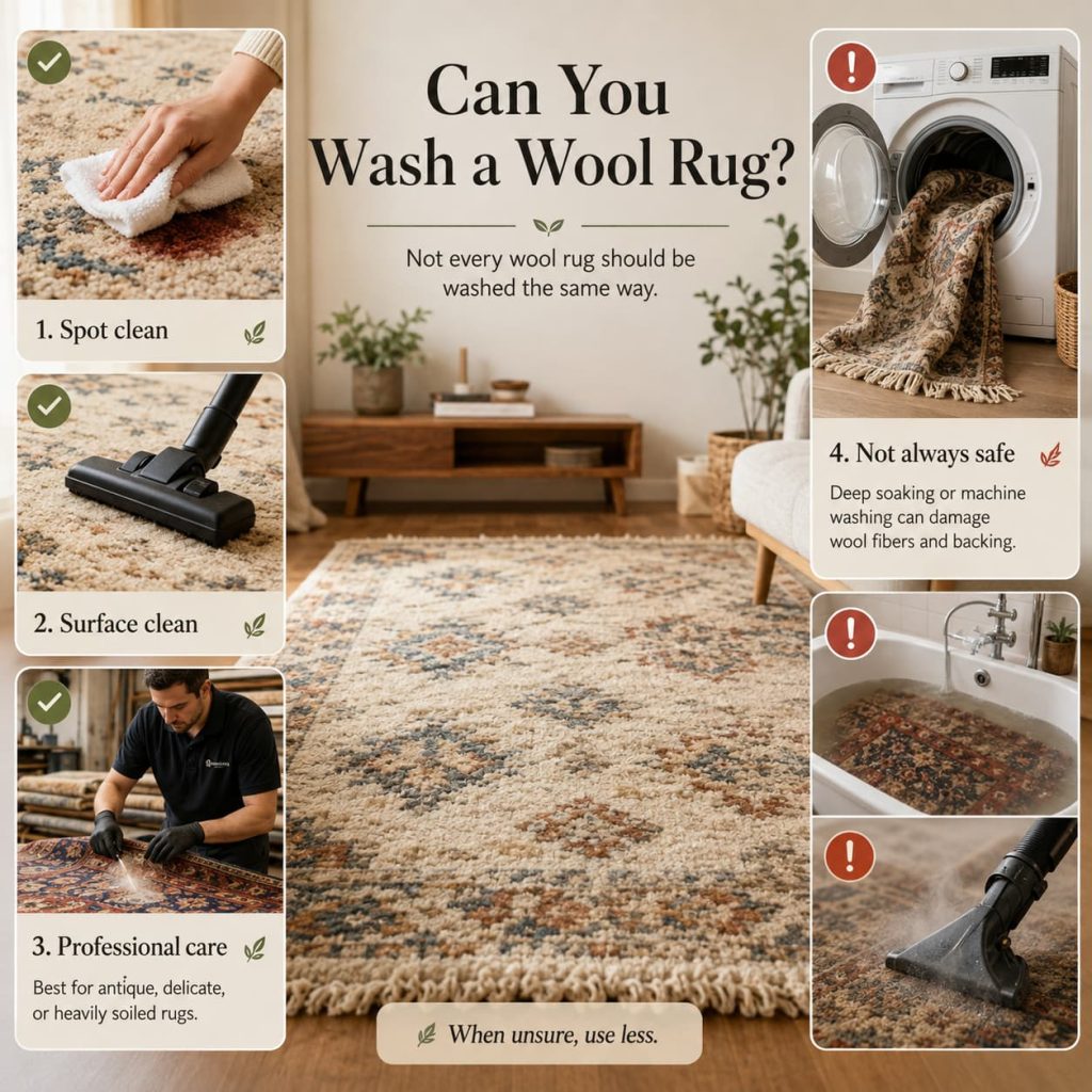 Wool rug care options showing spot cleaning, surface cleaning, professional care, and methods to avoid.