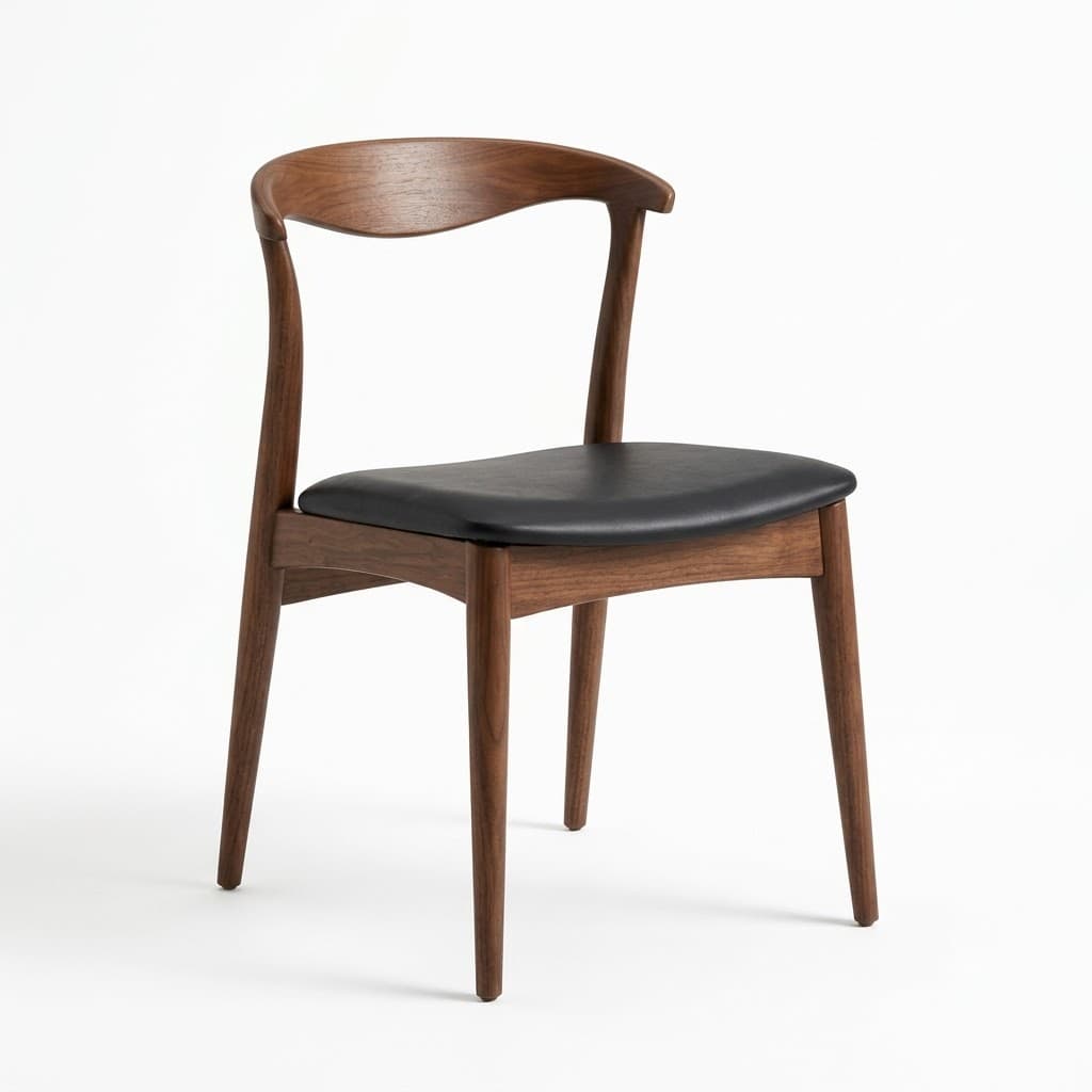 Curved-back walnut dining chair with a black leather seat.