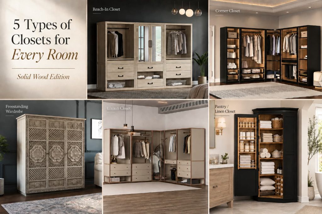 Types of closets comparison chart showing reach-in, corner, freestanding, walk-in, and pantry closets in solid wood