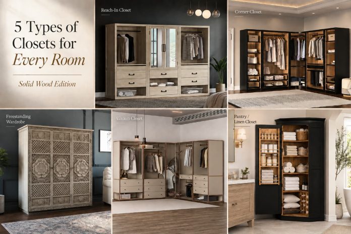 Types of closets comparison chart showing reach-in, corner, freestanding, walk-in, and pantry closets in solid wood