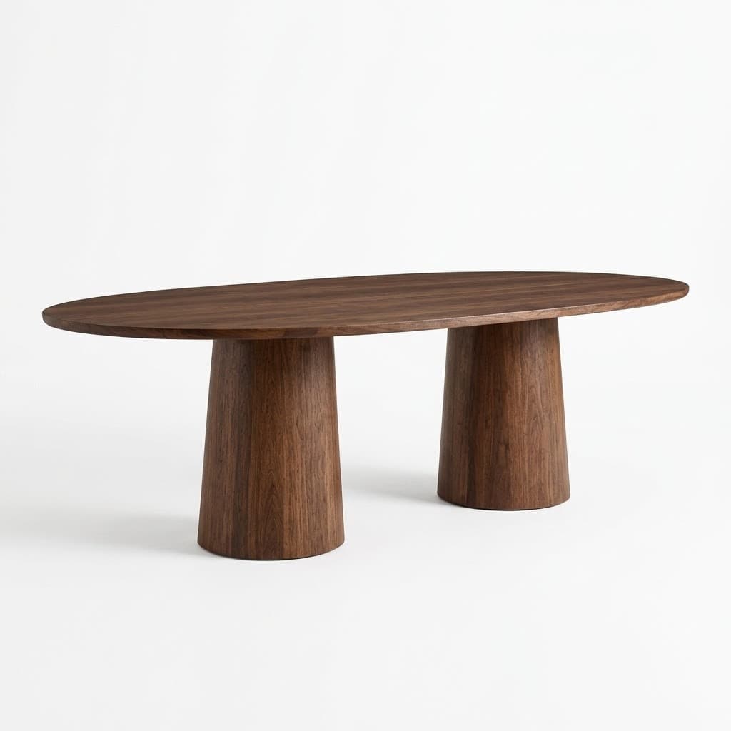 Oval walnut dining table with two cylindrical pedestal legs.