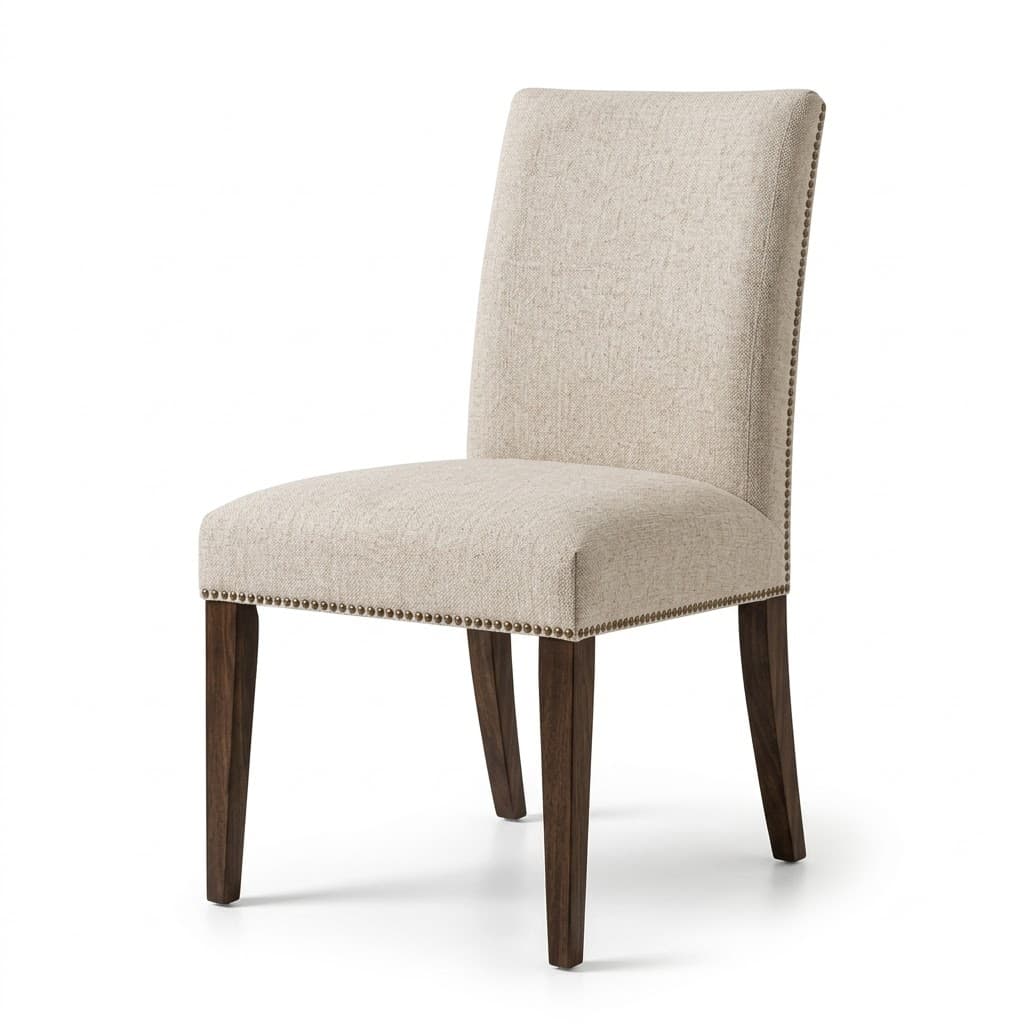 Beige upholstered dining chair with nailhead trim and dark wood legs