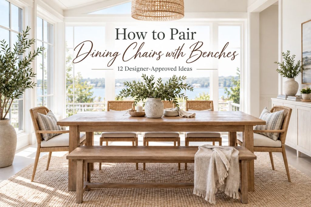 Coastal dining room with wicker chairs and a wooden bench paired at a farmhouse table, illustrating how to pair dining chairs with benches.