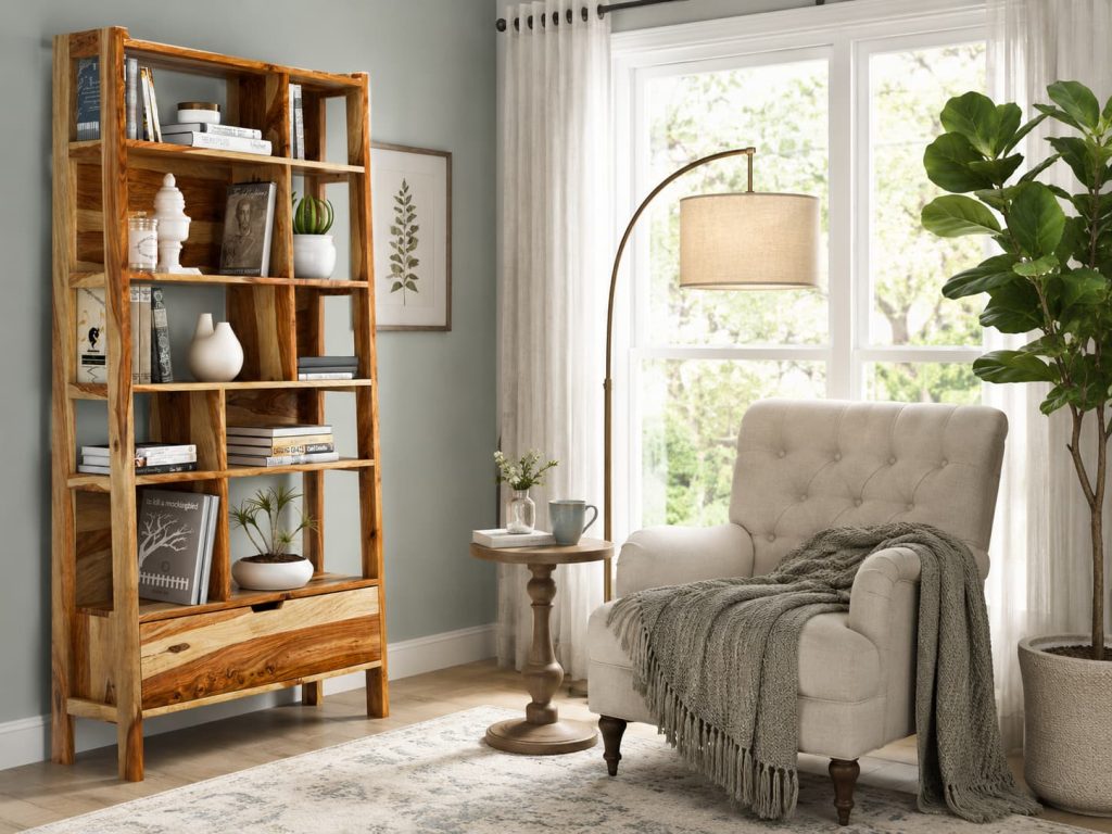 Sunlit reading nook with tufted beige armchair, wood bookshelf, arc floor lamp, and fiddle leaf fig plant by window