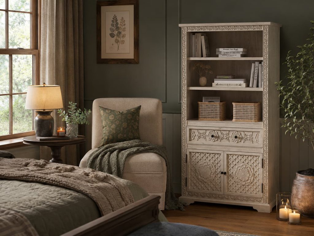 Traditional bedroom reading nook with carved white bookcase cabinet, beige armchair, throw blanket, and candles