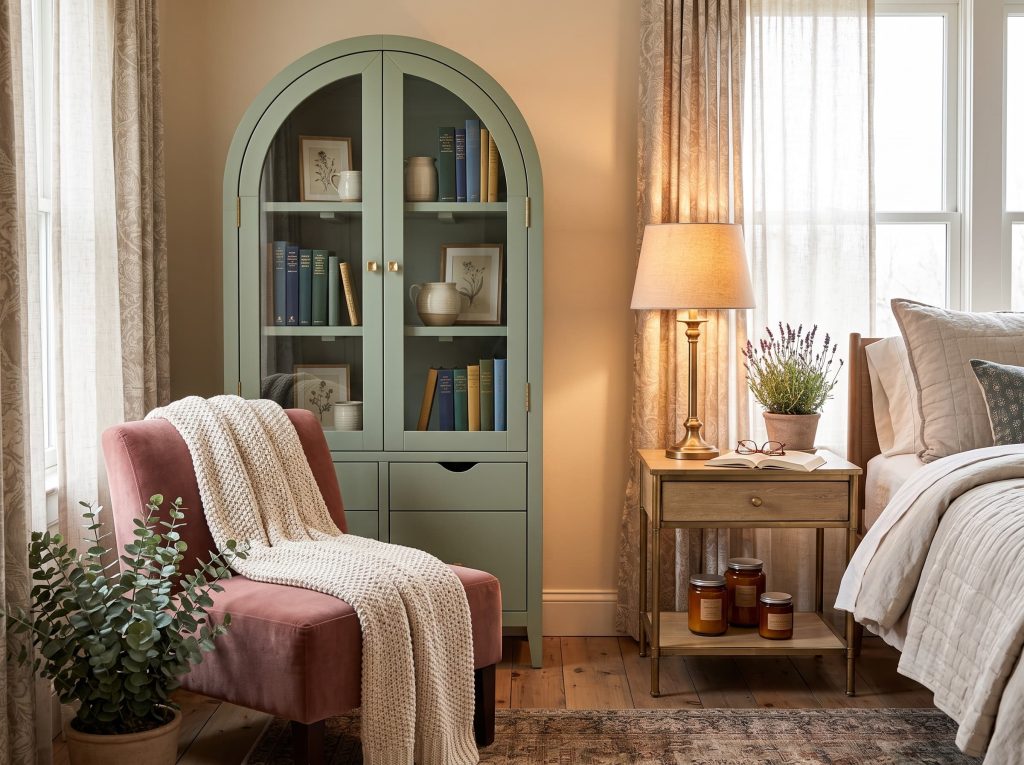 Cozy bedroom corner with sage-green arched glass cabinet, pink velvet chair, brass lamp, and lavender plant