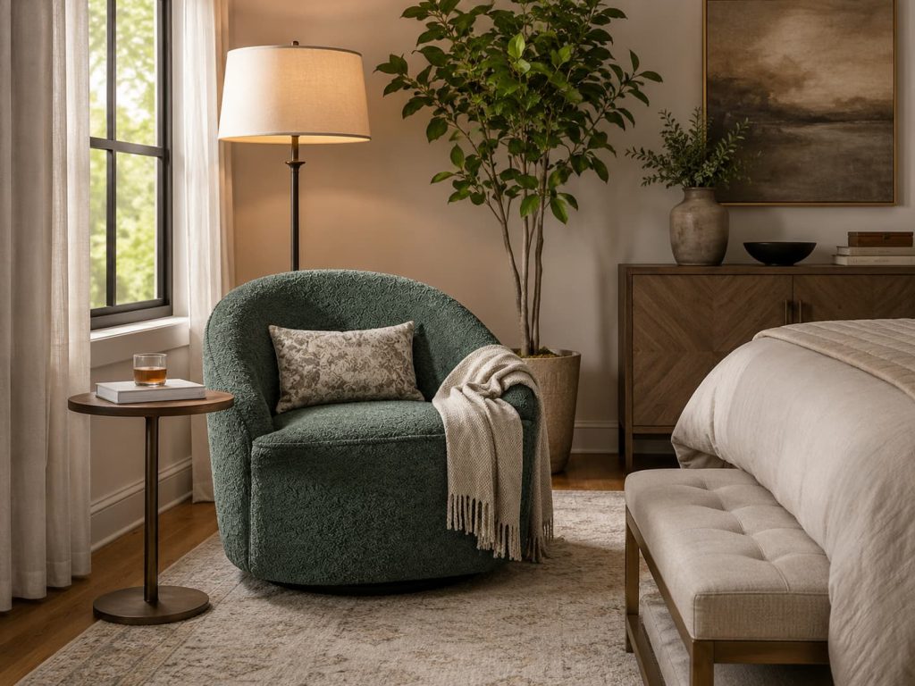 Master bedroom corner with green boucle armchair, floor lamp, potted tree, side table, and neutral bed with bench