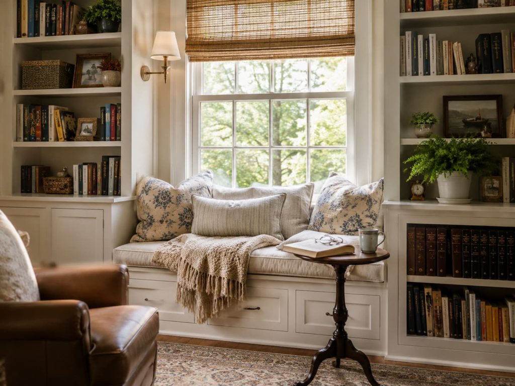Built-in window seat reading nook with floral pillows, throw blanket, flanked by white bookshelves and leather chair