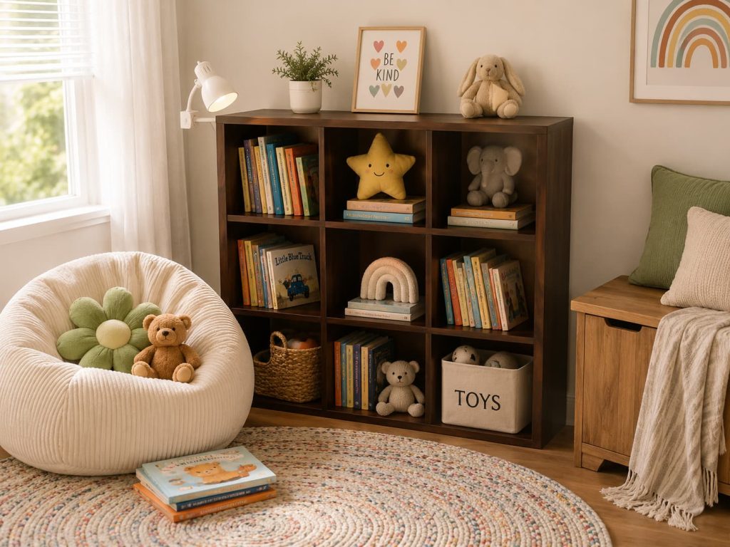 Cozy kids' reading corner with cream bean bag, dark wood cube bookshelf, stuffed animals, and rainbow decor