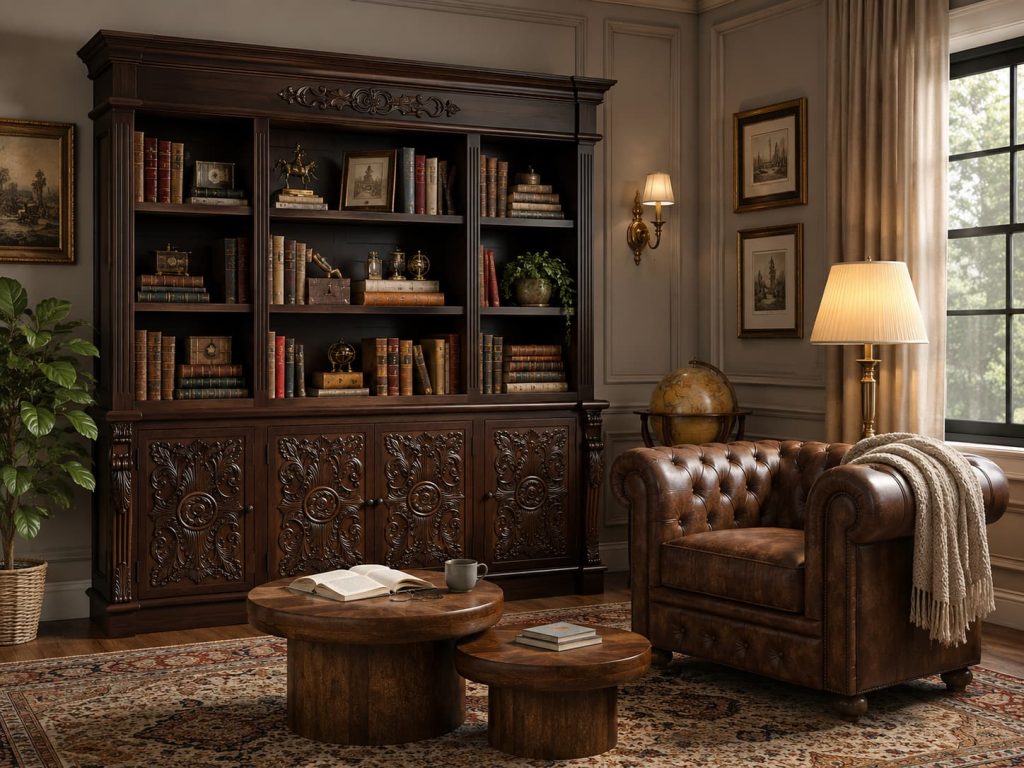 Cozy small reading nook idea featuring carved dark wood library shelves and tufted leather chair