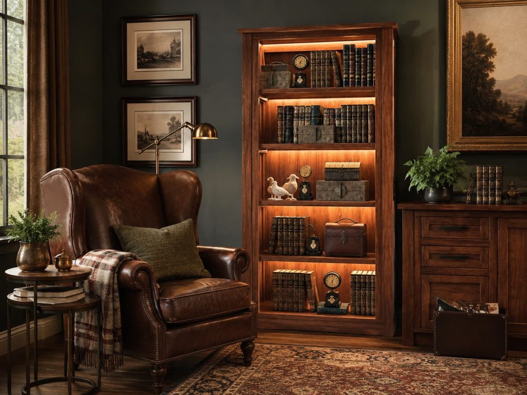 Traditional library corner with a brown leather wingback chair, lit wooden bookshelf, plaid throw, and vintage decor
