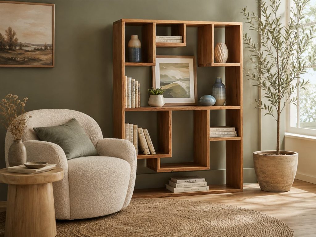 Modern organic living room with boucle chair, geometric wood bookshelf, sage green wall, and potted olive tree
