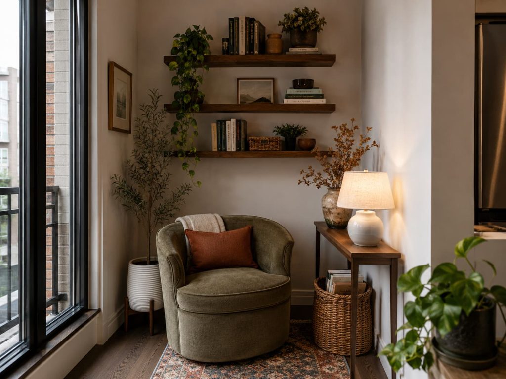 Apartment reading corner with olive green chair, floating wood shelves, potted plants, and warm table lamp