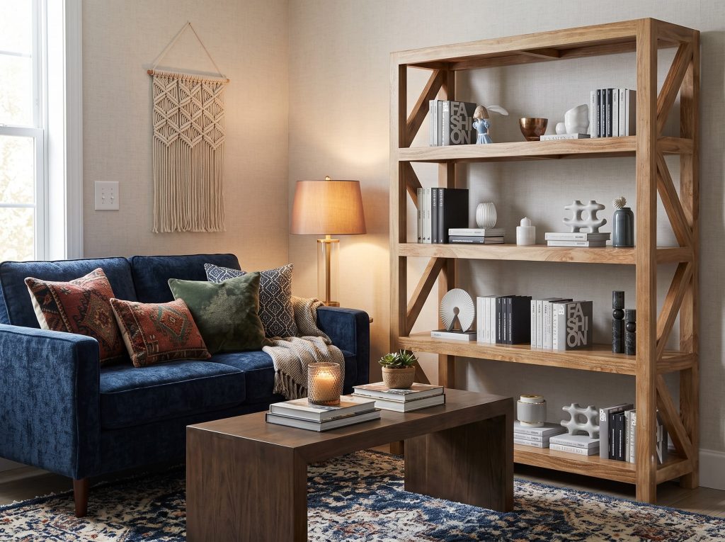 Living room reading nook with navy sofa, patterned throw pillows, wood ladder shelf, and warm brass table lamp.