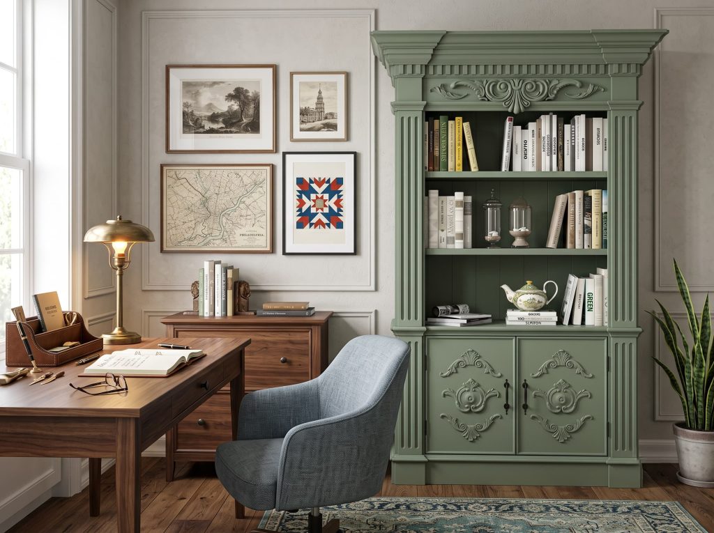 Home office with wood desk, blue chair, green carved bookcase with cabinet, brass lamp, and framed wall art