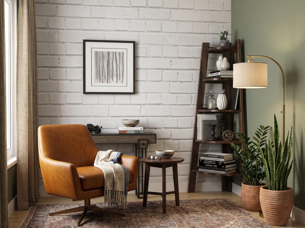 Small living room corner with a camel leather swivel chair, wooden ladder shelf, brass floor lamp, and potted plants