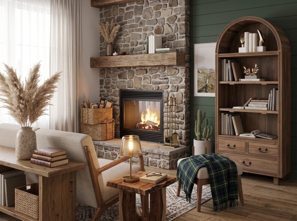 Cozy fireplace reading nook with stone hearth, wood armchair, plaid throw, arched bookshelf, and pampas grass decor