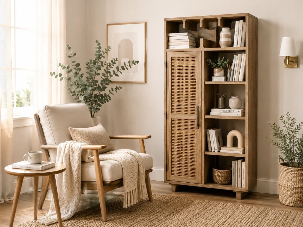 Scandinavian reading nook with cane-door wood cabinet, beige armchair, throw blanket, and eucalyptus plant