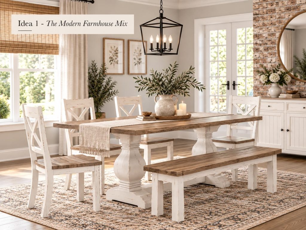 Modern farmhouse 72-inch solid wood dining table with white cross-back chairs and bench, showing how mixed seating pairs with a rustic wood table finish.