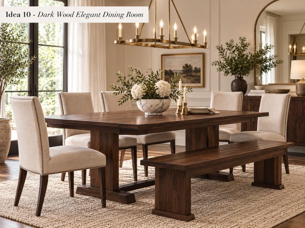 Dark wood dining table with upholstered nailhead chairs and a matching bench in an elegant room.