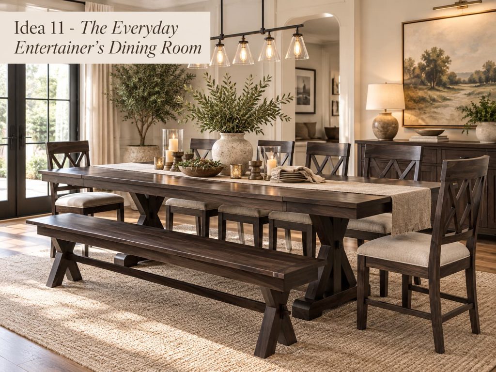 Farmhouse dining table with X-back chairs and a matching X-leg bench for a large gathering.
