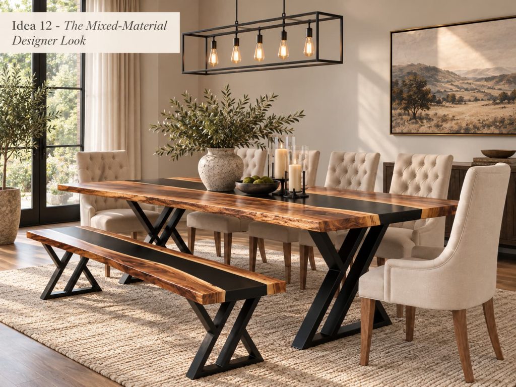 Live-edge wood dining table with black metal legs, tufted chairs, and a matching bench.