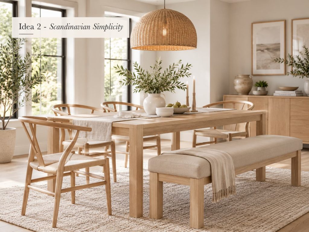Light wood dining table with woven wishbone chairs and a cushioned bench, showing a simple Scandinavian-style seating mix.