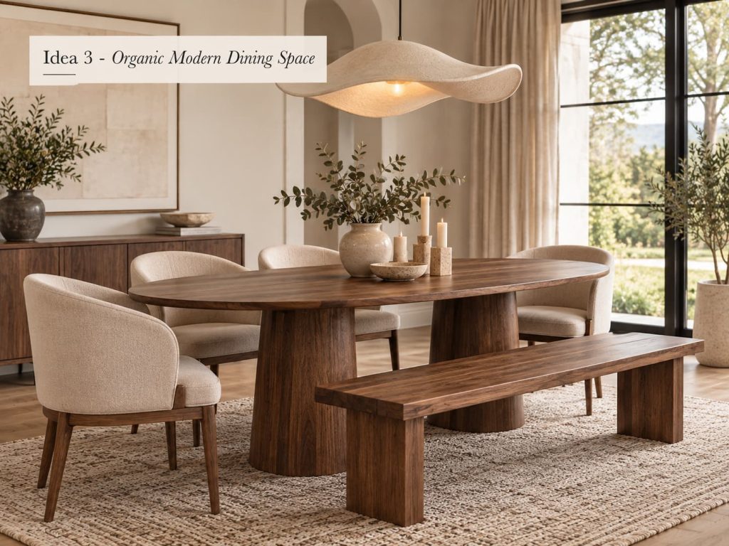 Oval walnut dining table paired with curved upholstered chairs and a solid wood bench.