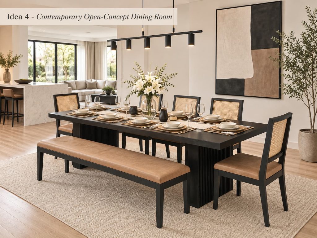 Black fluted dining table with cane-back chairs and a tan leather bench in an open-concept room.