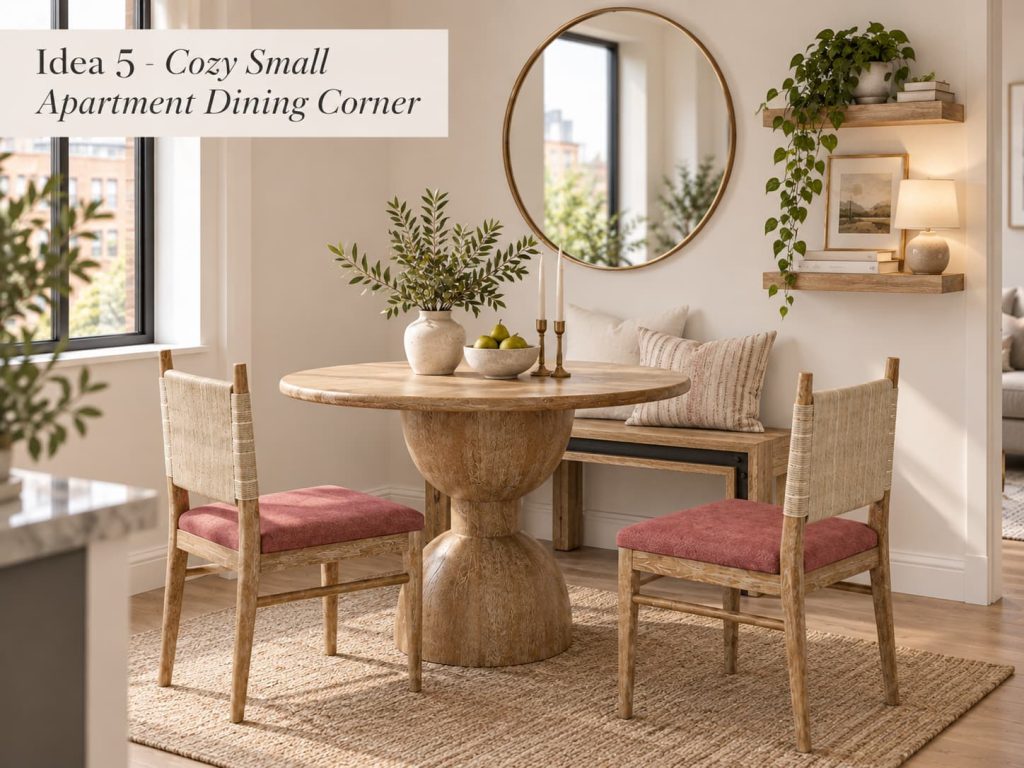 Round pedestal dining table with woven-back chairs beside an upholstered bench in a cozy nook.