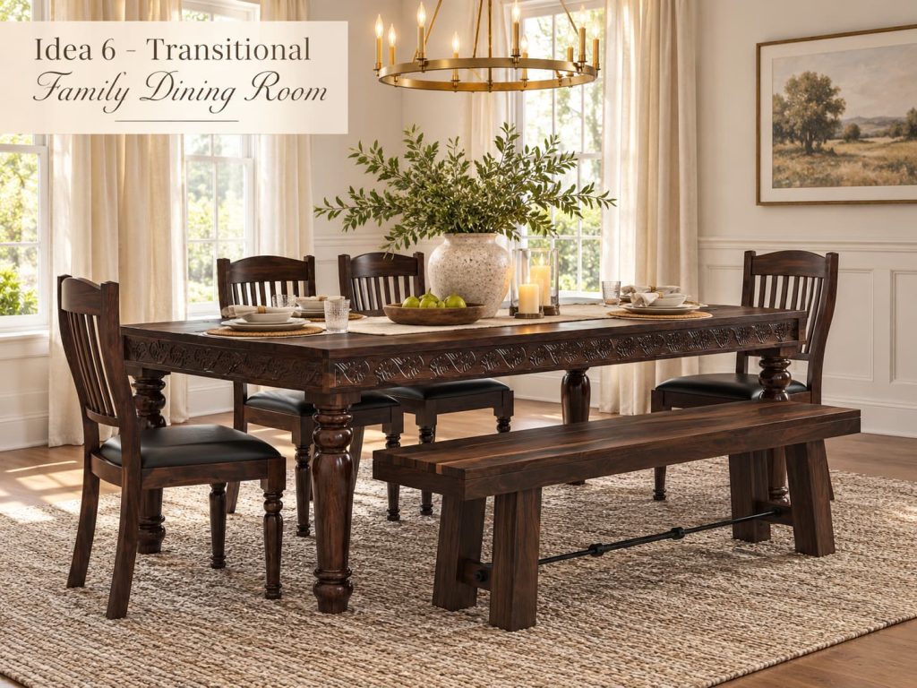 Carved wood dining table with slat-back chairs and a matching bench in a family dining room.