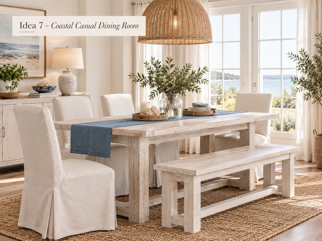 Whitewashed dining table with slipcovered chairs and a matching bench in a coastal room.