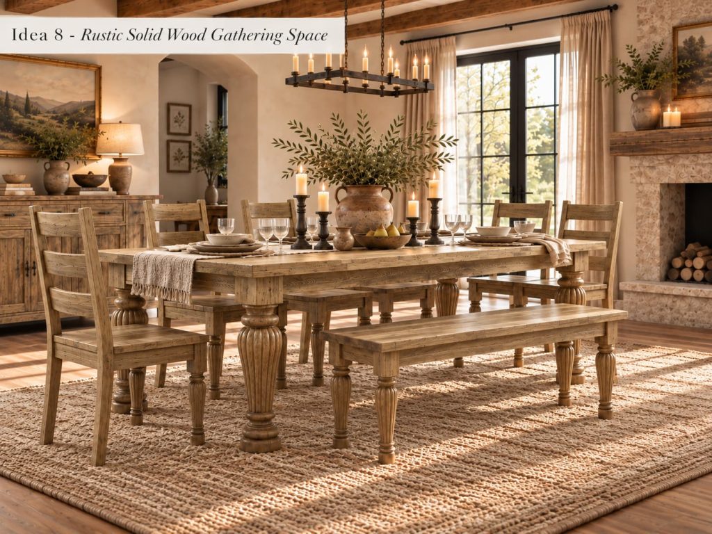 Rustic wood dining table with ladder-back chairs and a matching bench near a stone fireplace.