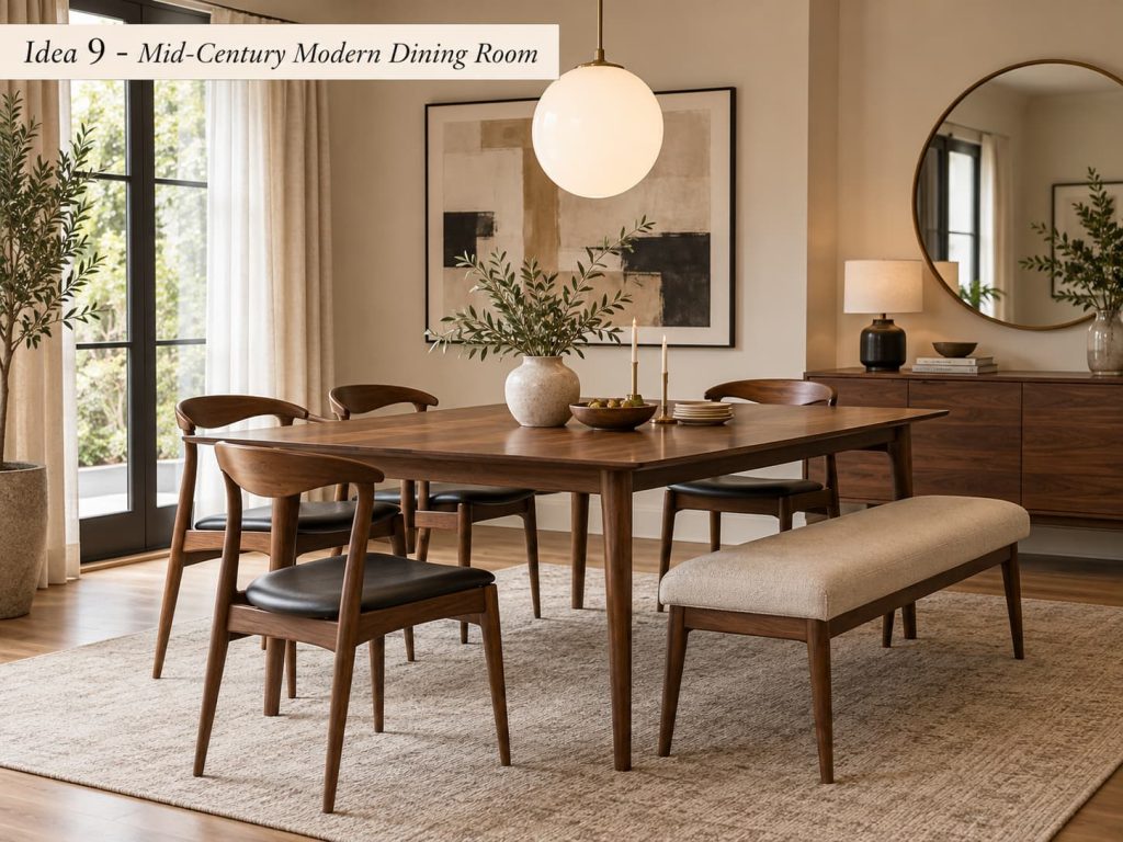 Walnut dining table with curved wood chairs and an upholstered bench in a modern room.