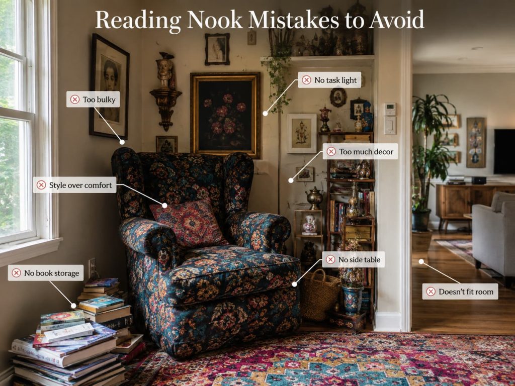 Infographic showing reading nook mistakes: bulky floral chair, no task light, cluttered decor, no side table or storage