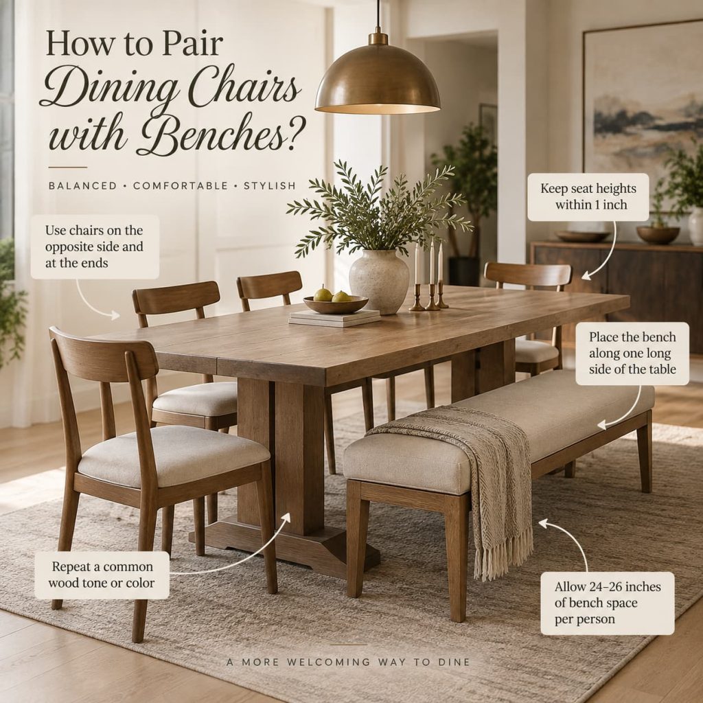 Dining room infographic on how to pair dining chairs with benches, covering seat height, wood tone matching, and bench spacing tips.