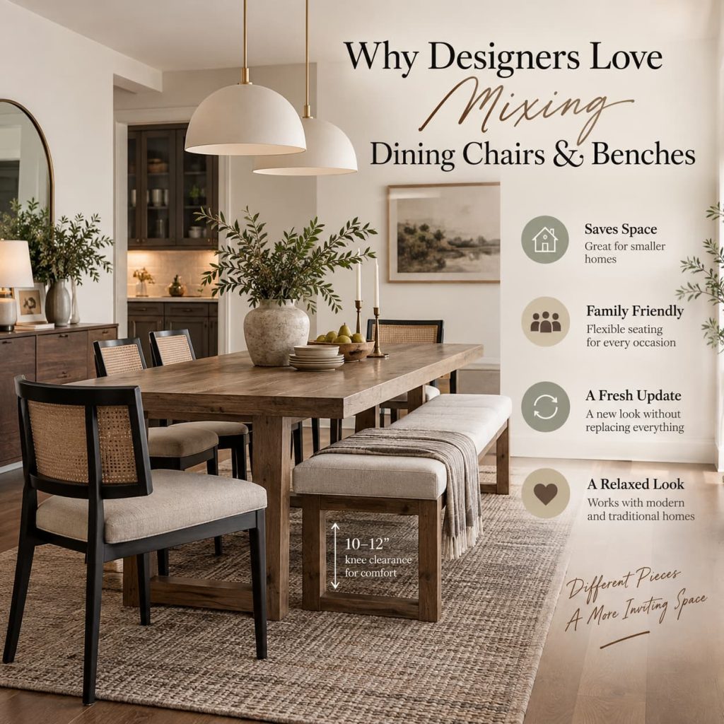 Wood dining table with black cane chairs and a bench, showing knee clearance space and reasons designers mix chair and bench seating.