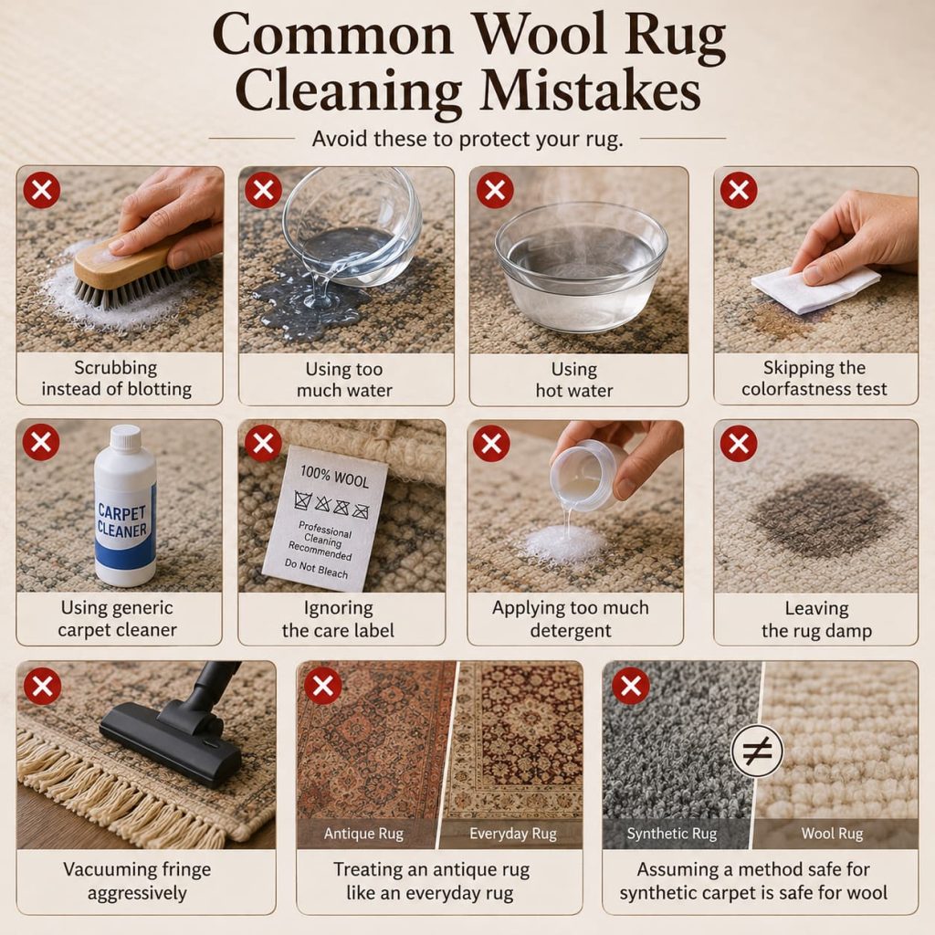 Wool rug cleaning mistakes: scrubbing, excess water, harsh cleaner, dampness, and rough vacuuming.