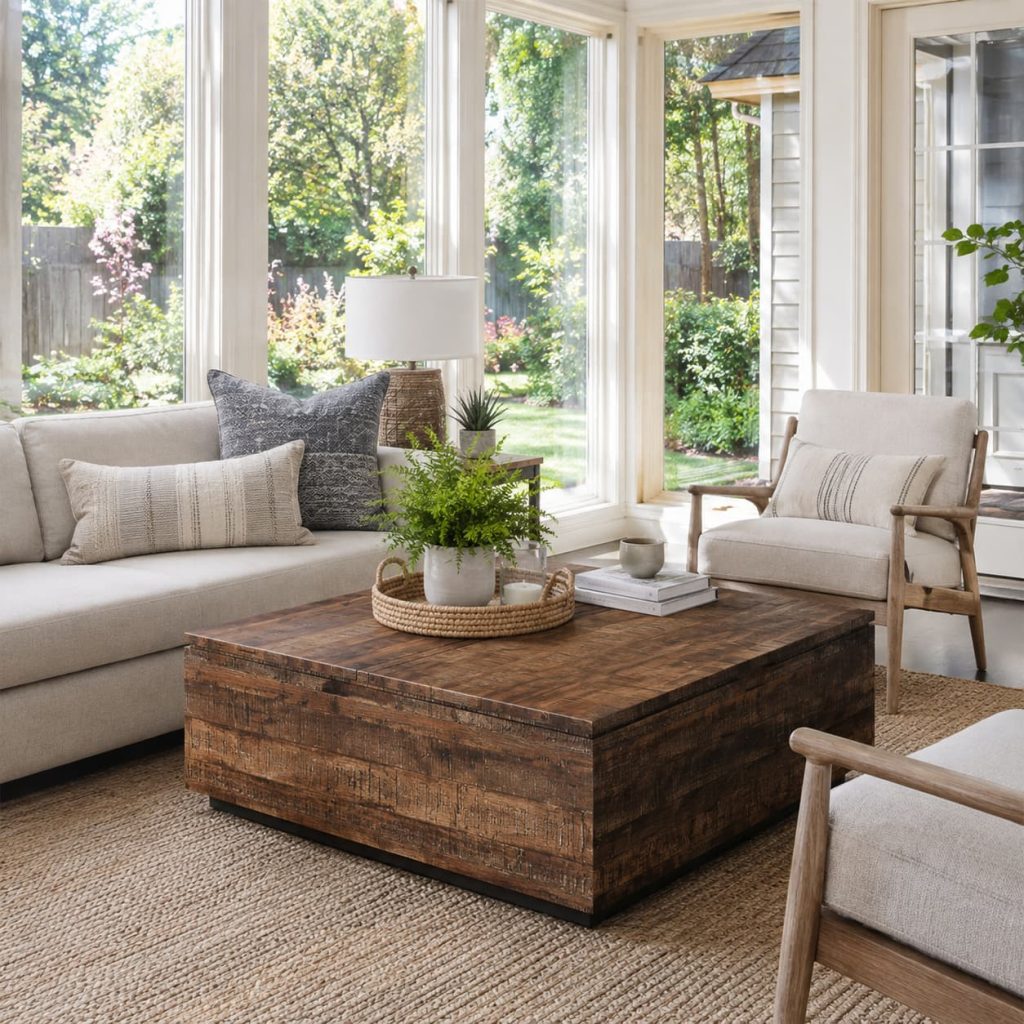 Sunroom furniture ideas: beige sectional, wood armchairs, and reclaimed wood trunk coffee table by garden windows.