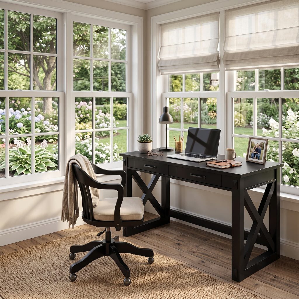 Black wood desk with laptop, desk chair, and throw blanket set beside garden-view windows and jute rug.