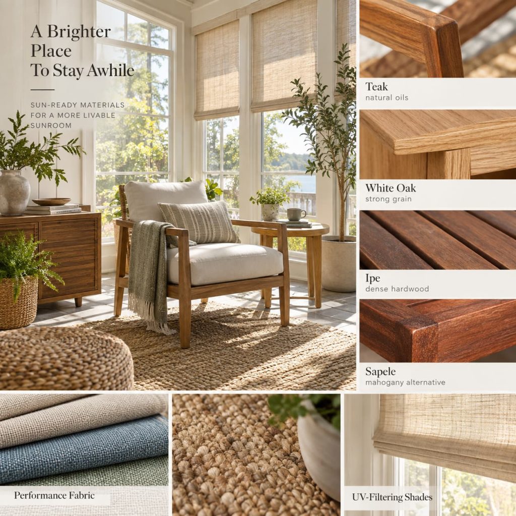 Sun-ready material guide showing wood chair by windows, plus swatches of teak, oak, ipe, fabric, and shades.