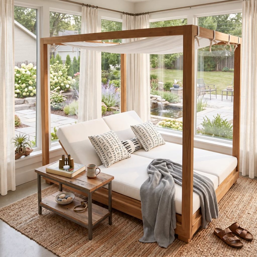 Wooden canopy daybed with white cushions, patterned pillows, and gray throw beside a rustic side table.